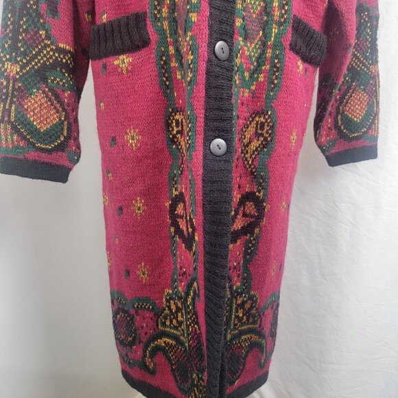 Cervelle Boho Cardigan Sweater Coat Button Up Front Vintage XL Maroon Gold Green - Picture 3 of 8